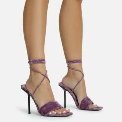 Front Page 21 EGO Tribute-To Lace Up Open Square Toe Stiletto Heel In Lilac Velvet