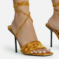 EGO Tribute-To Lace Up Open Square Toe Stiletto Heel In Mustard Velvet -EGO Sales Store 28 10 22 fw23730 sq