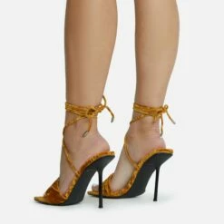 EGO Tribute-To Lace Up Open Square Toe Stiletto Heel In Mustard Velvet -EGO Sales Store 28 10 22 fw23731 sq