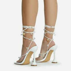 EGO Isla Lace Up Iridescent Star Detail Square Toe Statement Heel In White Faux Leather -EGO Sales Store 28 10 22 fw23764 sq