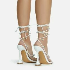 EGO Isla Lace Up Iridescent Star Detail Square Toe Statement Heel In White Faux Leather -EGO Sales Store 28 10 22 fw23765 sq