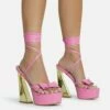 EGO Driving-Me-Crazy Lace Up Bow Detail Platform Metallic Flared Block Heel In Pink Faux Leather -EGO Sales Store 28 10 22 fw23771 sq