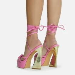 EGO Driving-Me-Crazy Lace Up Bow Detail Platform Metallic Flared Block Heel In Pink Faux Leather -EGO Sales Store 28 10 22 fw23774 sq
