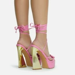EGO Driving-Me-Crazy Lace Up Bow Detail Platform Metallic Flared Block Heel In Pink Faux Leather -EGO Sales Store 28 10 22 fw23775 sq