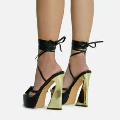EGO Driving-Me-Crazy Lace Up Bow Detail Platform Metallic Flared Block Heel In Black Faux Leather -EGO Sales Store 28 10 22 fw23779 sq
