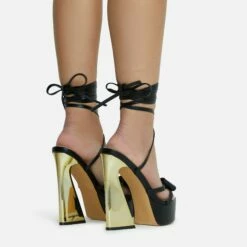 EGO Driving-Me-Crazy Lace Up Bow Detail Platform Metallic Flared Block Heel In Black Faux Leather -EGO Sales Store 28 10 22 fw23780 sq