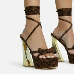 EGO Driving-Me-Crazy Lace Up Bow Detail Platform Metallic Flared Block Heel In Leopard Print Faux Suede -EGO Sales Store 28 10 22 fw23783 sq