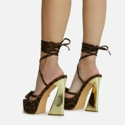 EGO Driving-Me-Crazy Lace Up Bow Detail Platform Metallic Flared Block Heel In Leopard Print Faux Suede -EGO Sales Store 28 10 22 fw23784 sq