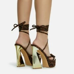 EGO Driving-Me-Crazy Lace Up Bow Detail Platform Metallic Flared Block Heel In Leopard Print Faux Suede -EGO Sales Store 28 10 22 fw23785 sq