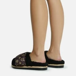 EGO Pillow-Talk Printed Velcro Strap Closed Toe Slip-On Flat Mule In Black Faux Shearling -EGO Sales Store 28 10 22 fw23810 sq