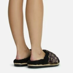 EGO Pillow-Talk Printed Velcro Strap Closed Toe Slip-On Flat Mule In Black Faux Shearling -EGO Sales Store 28 10 22 fw23811 sq