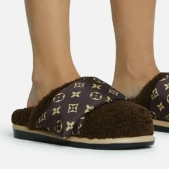EGO Pillow-Talk Printed Velcro Strap Closed Toe Slip-On Flat Mule In Brown Faux Shearling -EGO Sales Store 28 10 22 fw23814 sq 1