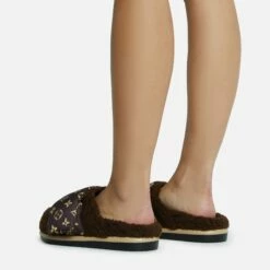 EGO Pillow-Talk Printed Velcro Strap Closed Toe Slip-On Flat Mule In Brown Faux Shearling -EGO Sales Store 28 10 22 fw23815 sq 1