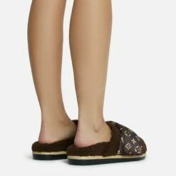 EGO Pillow-Talk Printed Velcro Strap Closed Toe Slip-On Flat Mule In Brown Faux Shearling -EGO Sales Store 28 10 22 fw23816 sq 1