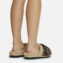 EGO Pillow-Talk Printed Velcro Strap Closed Toe Slip-On Flat Mule In Nude Faux Shearling -EGO Sales Store 28 10 22 fw23820 sq 1