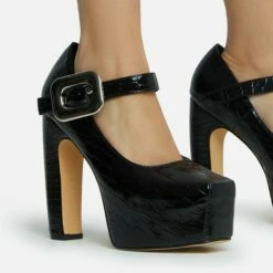 EGO Roundabout Buckle Detail Closed Square Toe Platform Curved Block Heel In Black Croc Print Faux Leather -EGO Sales Store 28 10 22 fw23850 sq