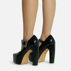 EGO Roundabout Buckle Detail Closed Square Toe Platform Curved Block Heel In Black Croc Print Faux Leather -EGO Sales Store 28 10 22 fw23851 sq