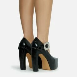 EGO Roundabout Buckle Detail Closed Square Toe Platform Curved Block Heel In Black Croc Print Faux Leather -EGO Sales Store 28 10 22 fw23852 sq