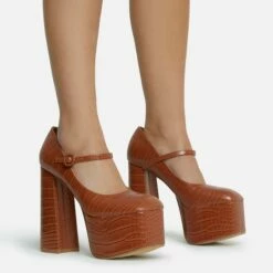 EGO Up-In-The-Air Closed Square Toe Statement Platform Block Heel In Tan Brown Croc Print Faux Leather -EGO Sales Store 28 10 22 fw23858 sq