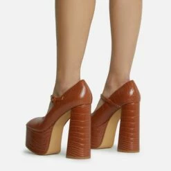 EGO Up-In-The-Air Closed Square Toe Statement Platform Block Heel In Tan Brown Croc Print Faux Leather -EGO Sales Store 28 10 22 fw23861 sq