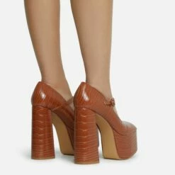 EGO Up-In-The-Air Closed Square Toe Statement Platform Block Heel In Tan Brown Croc Print Faux Leather -EGO Sales Store 28 10 22 fw23862 sq