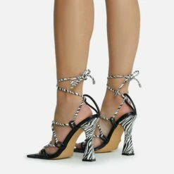 EGO Rosheen Lace Up Strappy Square Toe Flared Block Heel In Zebra Print Faux Leather -EGO Sales Store 28 10 22 fw23876 sq