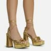 EGO Pink-Lady Lace Up Knotted Strap Detail Platform Block Heel In Gold Faux Leather -EGO Sales Store 28 10 22 fw23878 sq