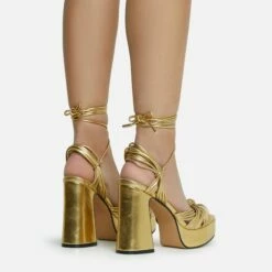 EGO Pink-Lady Lace Up Knotted Strap Detail Platform Block Heel In Gold Faux Leather -EGO Sales Store 28 10 22 fw23882 sq