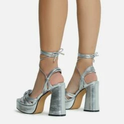 EGO Pink-Lady Lace Up Knotted Strap Detail Platform Block Heel In Silver Faux Leather -EGO Sales Store 28 10 22 fw23886 sq