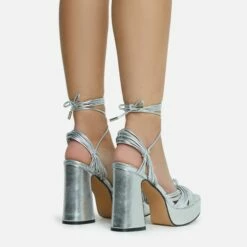 EGO Pink-Lady Lace Up Knotted Strap Detail Platform Block Heel In Silver Faux Leather -EGO Sales Store 28 10 22 fw23887 sq