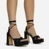 EGO Pink-Lady Lace Up Knotted Strap Detail Platform Block Heel In Black Faux Suede -EGO Sales Store 28 10 22 fw23888 sq