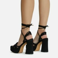 EGO Pink-Lady Lace Up Knotted Strap Detail Platform Block Heel In Black Faux Suede -EGO Sales Store 28 10 22 fw23891 sq