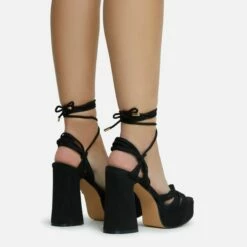 EGO Pink-Lady Lace Up Knotted Strap Detail Platform Block Heel In Black Faux Suede -EGO Sales Store 28 10 22 fw23892 sq
