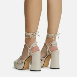 EGO Pink-Lady Lace Up Knotted Strap Detail Platform Block Heel In Nude Faux Suede -EGO Sales Store 28 10 22 fw23896 sq