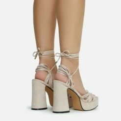 EGO Pink-Lady Lace Up Knotted Strap Detail Platform Block Heel In Nude Faux Suede -EGO Sales Store 28 10 22 fw23897 sq