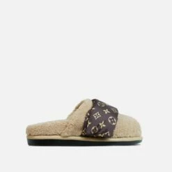 EGO Pillow-Talk Printed Velcro Strap Closed Toe Slip-On Flat Mule In Nude Faux Shearling -EGO Sales Store 28 10 22 fw23960 sq