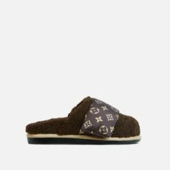 EGO Pillow-Talk Printed Velcro Strap Closed Toe Slip-On Flat Mule In Brown Faux Shearling -EGO Sales Store 28 10 22 fw23962 sq
