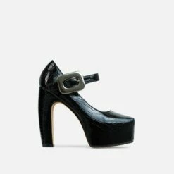 EGO Roundabout Buckle Detail Closed Square Toe Platform Curved Block Heel In Black Croc Print Faux Leather -EGO Sales Store 28 10 22 fw23977 sq