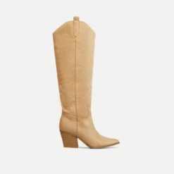EGO Bulldoze Embroidered Detail Pointed Toe Block Heel Knee High Western Cowboy Long Boot In Camel Faux Suede -EGO Sales Store 28 10 22 fw24003 sq