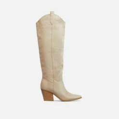 EGO Bulldoze Embroidered Detail Pointed Toe Block Heel Knee High Western Cowboy Long Boot In Khaki Nude Faux Suede -EGO Sales Store 28 10 22 fw24004 sq
