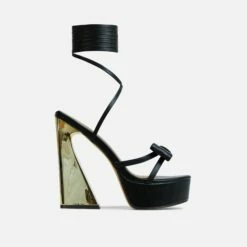 EGO Driving-Me-Crazy Lace Up Bow Detail Platform Metallic Flared Block Heel In Black Faux Leather -EGO Sales Store 28 10 22 fw24012 sq