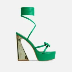 EGO Driving-Me-Crazy Lace Up Bow Detail Platform Metallic Flared Block Heel In Green Faux Leather -EGO Sales Store 28 10 22 fw24013 sq
