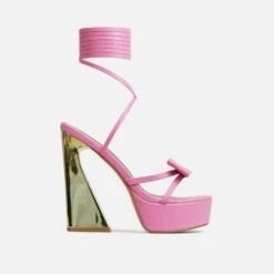 EGO Driving-Me-Crazy Lace Up Bow Detail Platform Metallic Flared Block Heel In Pink Faux Leather -EGO Sales Store 28 10 22 fw24016 sq
