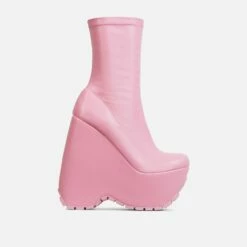 EGO Hellsing Square Toe Chunky Platform Wedge Ankle Sock Boot In Pink Faux Leather -EGO Sales Store 28 10 22 fw24029 sq