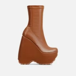EGO Hellsing Square Toe Chunky Platform Wedge Ankle Sock Boot In Tan Brown Faux Leather -EGO Sales Store 28 10 22 fw24031 sq