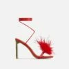 EGO Flamingo Lace Up Faux Feather Detail Square Toe Metallic Thin Block Heel In Red Faux Leather -EGO Sales Store 28 10 22 fw24035 sq