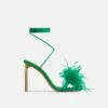 EGO Flamingo Lace Up Faux Feather Detail Square Toe Metallic Thin Block Heel In Green Faux Leather -EGO Sales Store 28 10 22 fw24038 sq