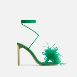 EGO Flamingo Lace Up Faux Feather Detail Square Toe Metallic Thin Block Heel In Green Faux Leather