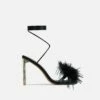 EGO Flamingo Lace Up Faux Feather Detail Square Toe Metallic Thin Block Heel In Black Faux Leather