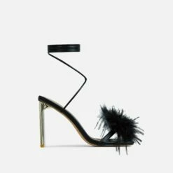 EGO Flamingo Lace Up Faux Feather Detail Square Toe Metallic Thin Block Heel In Black Faux Leather